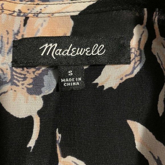 Madewell Silk Top S‎ Floral Button Back Tie Front Tee Sheer Black Pink - Picture 7 of 11